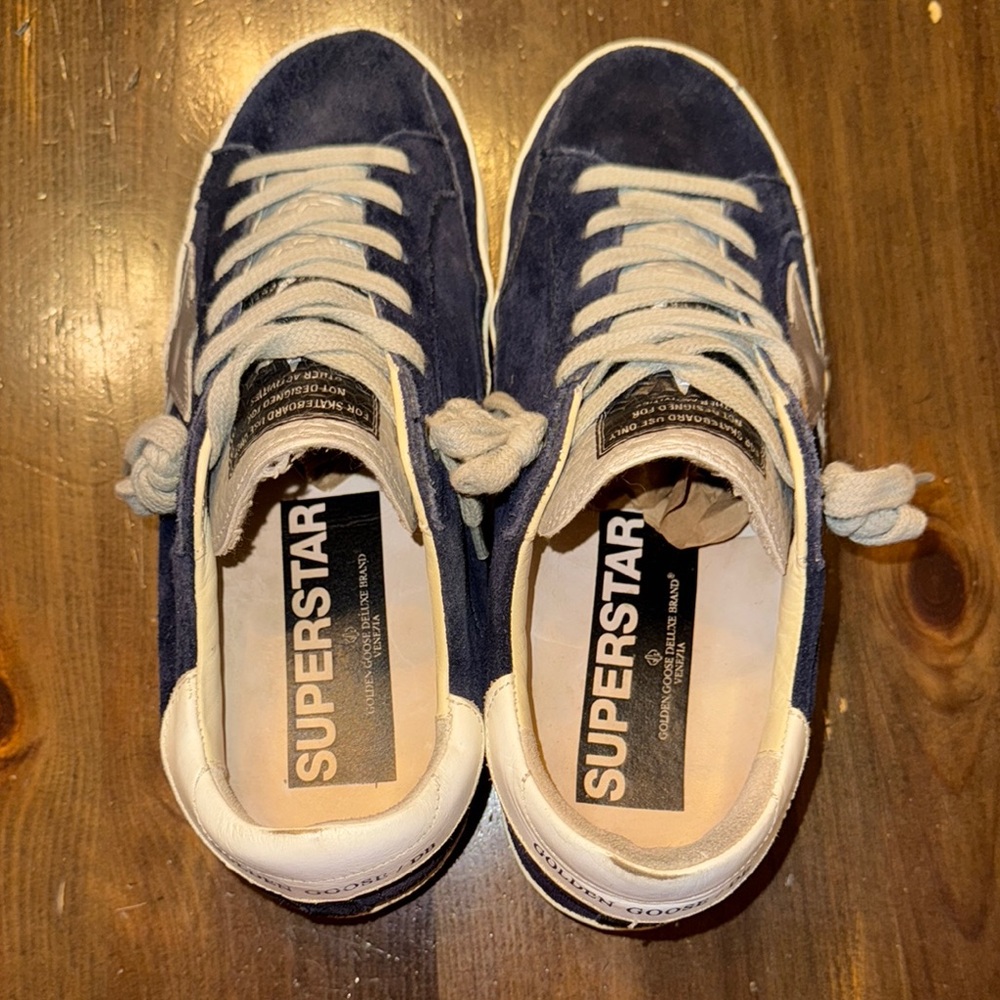 Golden Goose Navy Suede 36 EUC Blue Suede Sneakers with Silver Star White trim - Picture 8 of 9